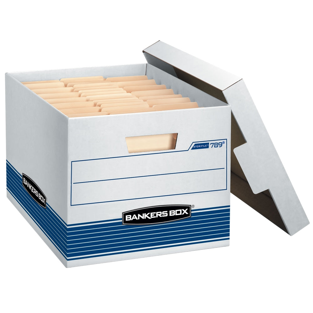 Bankers Box Stor/File Medium-Duty Storage Boxes With Locking Lift-Off Lids And Built-In Handles, Letter/Legal Size, 15in x 12in x 10in, 60% Recycled, White/Blue, Case Of 12