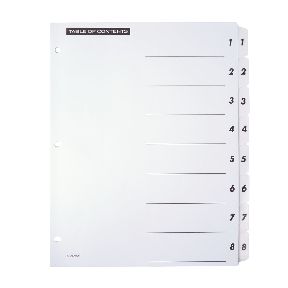 Office Depot Brand Table Of Contents Customizable Index With Preprinted Tabs, White, Numbered 1-8