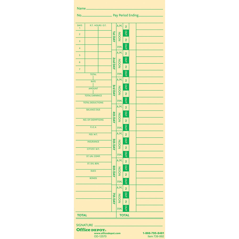 Office Depot Brand Time Cards With Deductions, Weekly, Days 1-7, 2-Sided, 3 3/8in x 8 7/8in, Manila, Pack Of 100