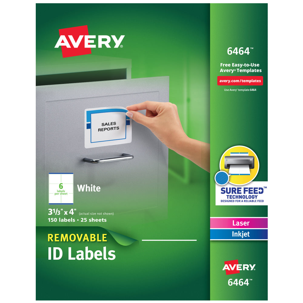 Avery Removable ID Labels With Sure Feed Technology, 6464, Rectangle, 3-1/3in x 4in, White, Pack Of 150