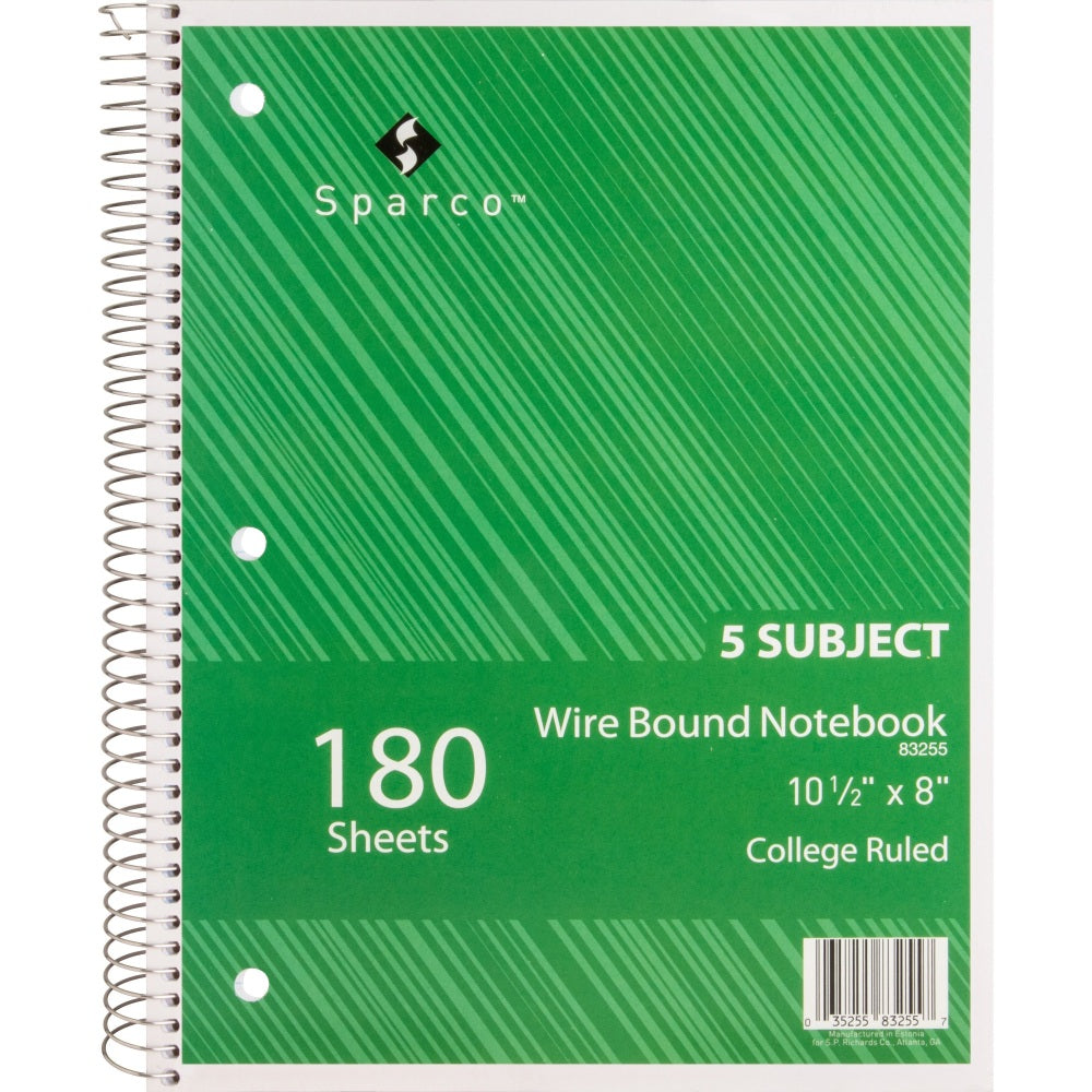 Sparco Wirebound Notebooks, 8in x 10 1/2in, College Ruled, 180 Sheets, Assorted Colors, Pack Of 5