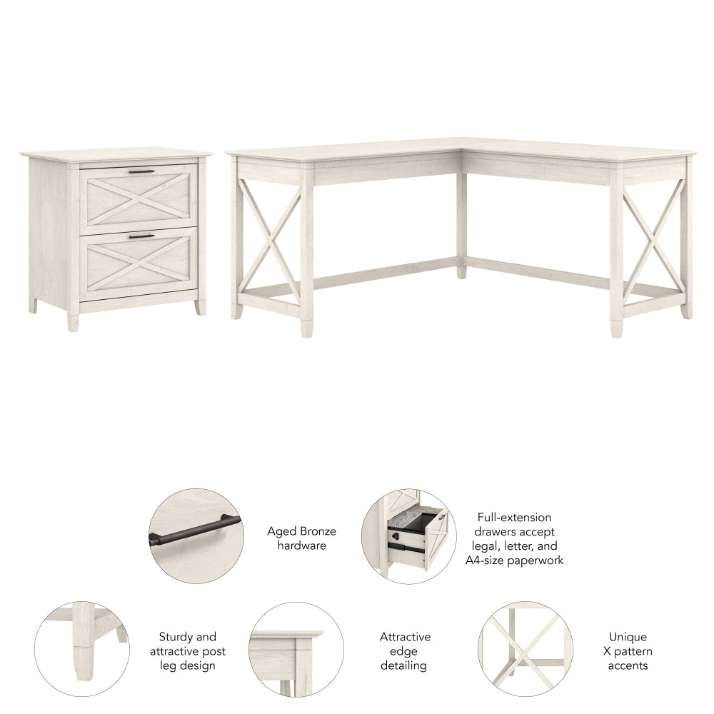 Bush Business Furniture Key West 60inW L-Shaped Corner Desk With 2-Drawer Lateral File Cabinet, Linen White Oak, Standard Delivery