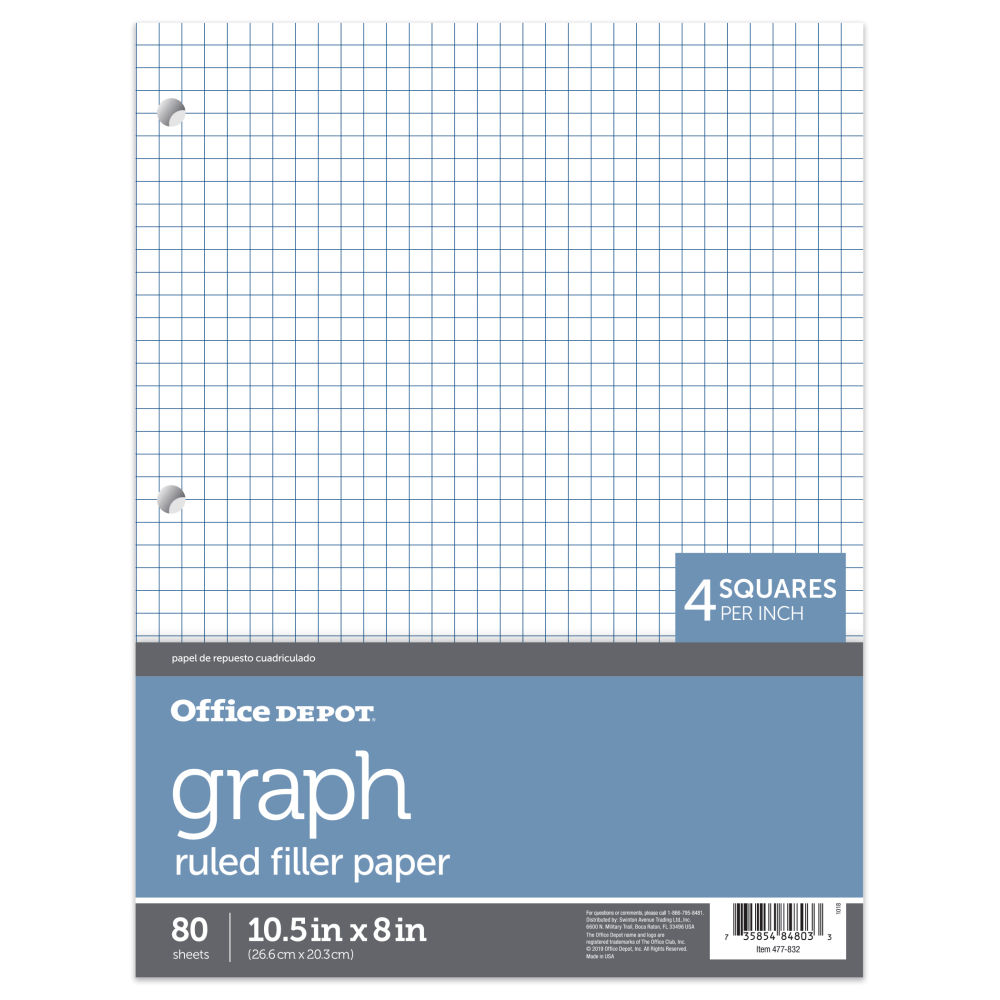 Office Depot Brand Quadrille-Ruled Notebook Filler Paper, 8in x 10 1/2in, White, Pack Of 80 Sheets