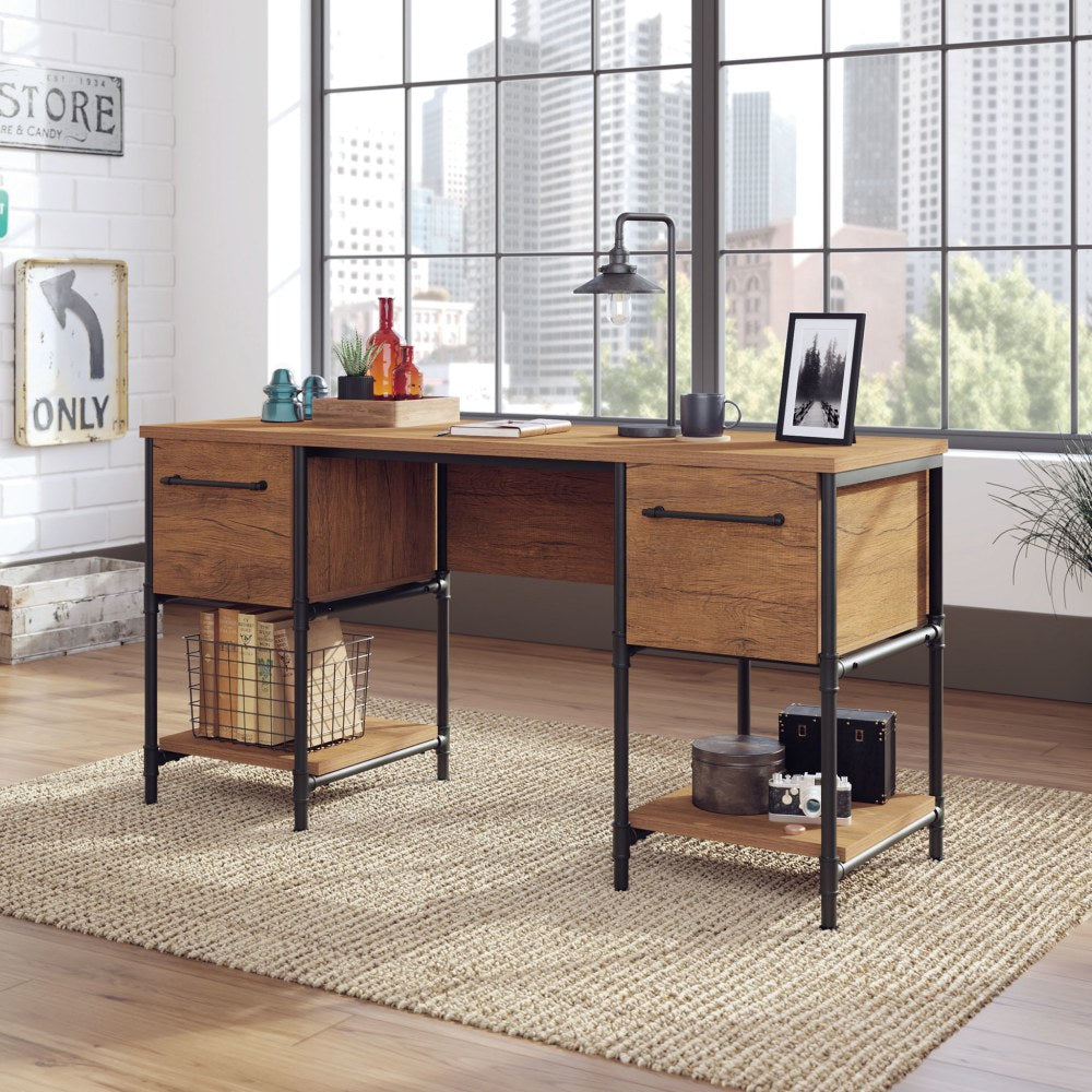 Sauder Iron City 59inW Computer Desk, Checked Oak