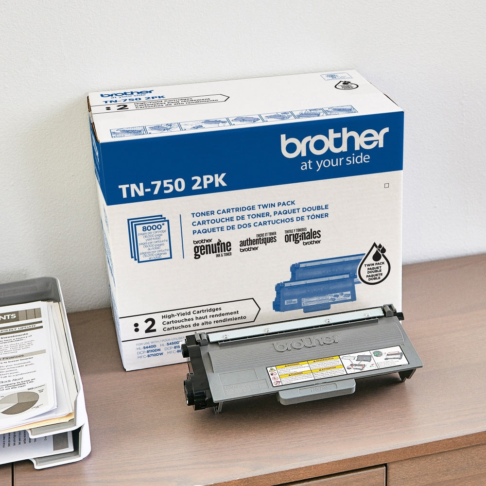 Brother TN-750 Black High Yield Toner Cartridges, Pack Of 2, TN750BBK