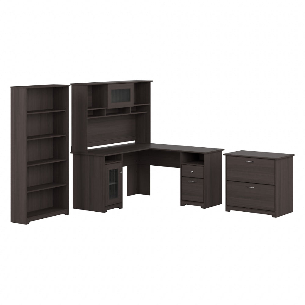 Bush Business Furniture Cabot 60inW L-Shaped Corner Desk With Hutch, Lateral File And 5-Shelf Bookcase, Heather Gray, Standard Delivery