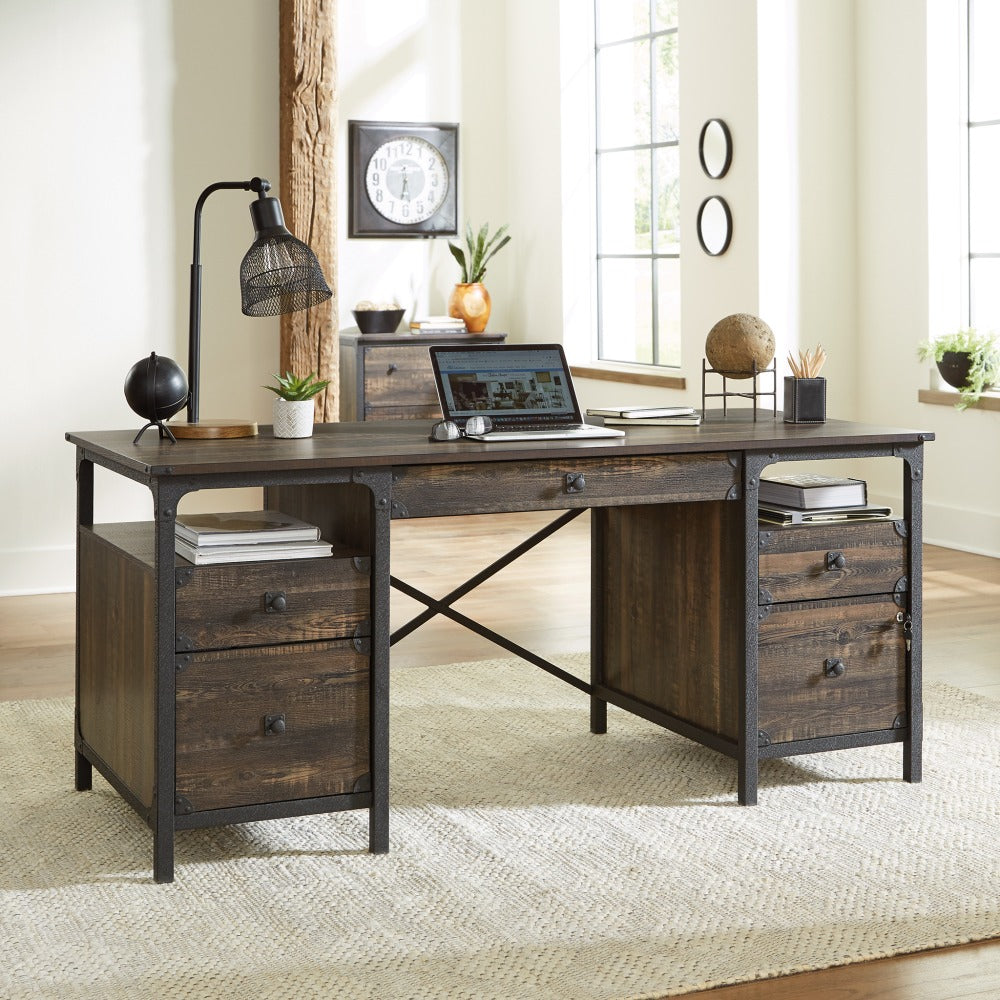 Sauder Steel River 67inW Double Pedestal Executive Computer Desk, Carbon Oak