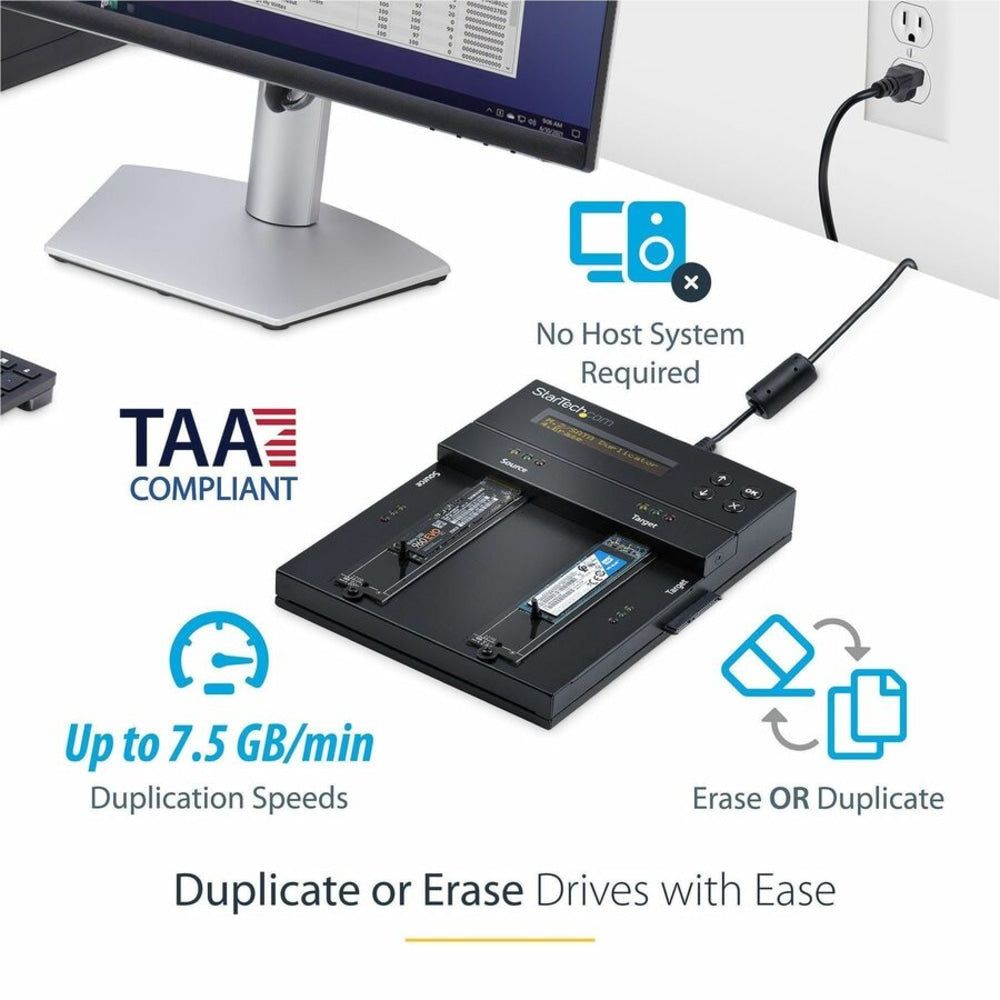 StarTech.com Standalone M.2 NVMe Duplicator and Eraser, External SSD/HDD Cloner/Wiper, M.2 PCIe AHCI/NVMe, M.2 SATA, 2.5in/3.5in SATA Drives