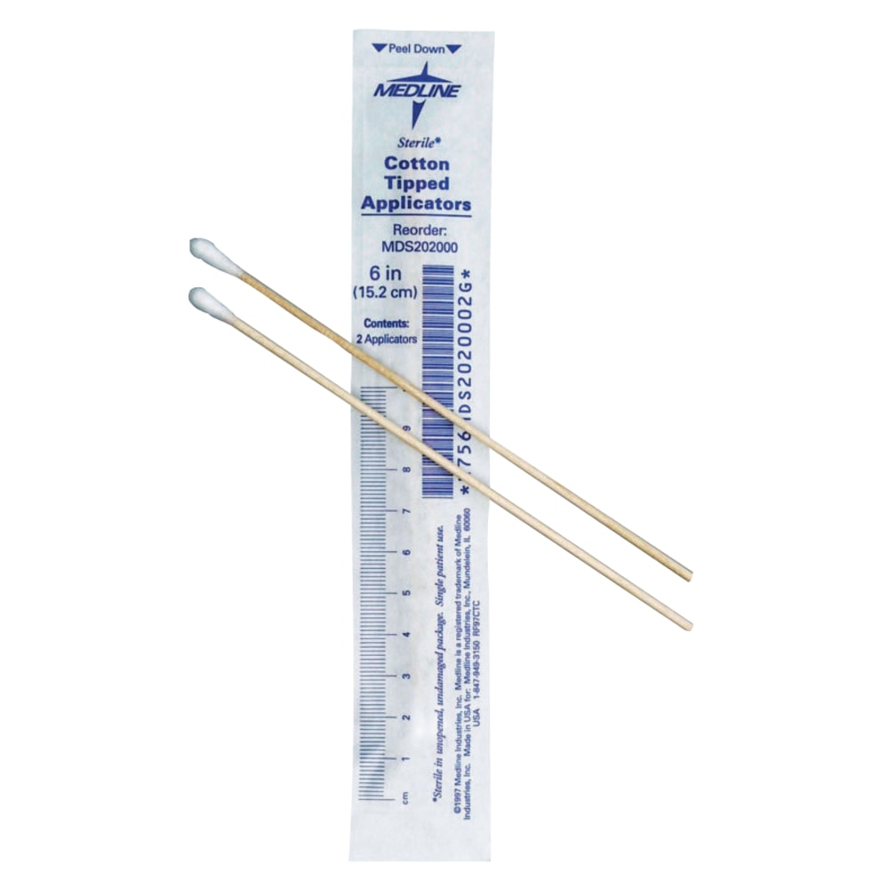 Medline Sterile Cotton-Tipped Applicators, 6in ,White,2 Applicators Per Bag, Case of 1000 Bags