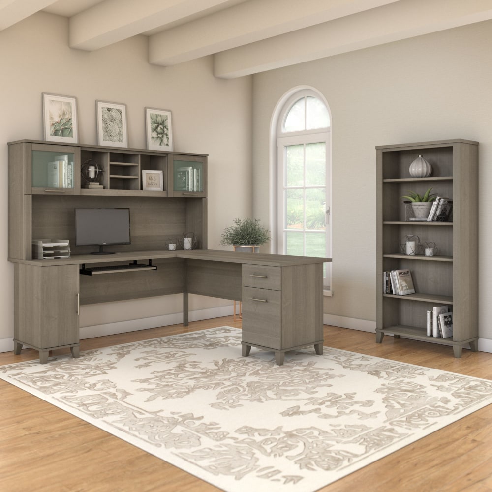 Bush Furniture Somerset L Shaped Desk With Hutch And 5 Shelf Bookcase, 72inW, Ash Gray, Standard Delivery