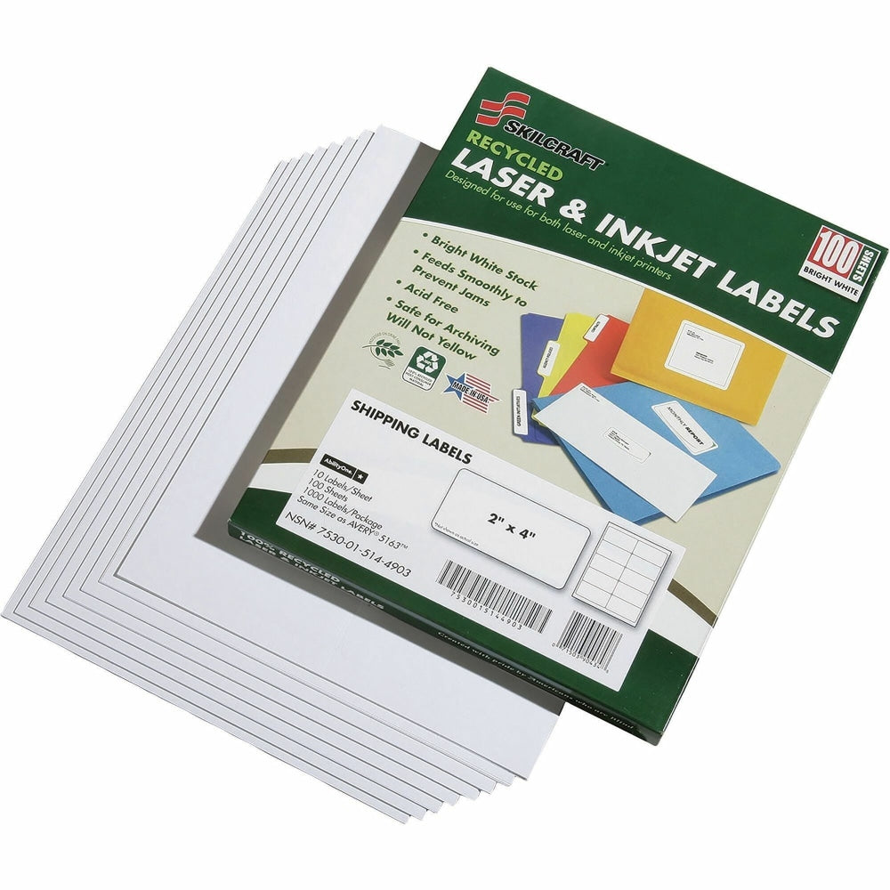 SKILCRAFT Permanent Inkjet/Laser Address Labels, NSN5144903, Rectangle, 2in x 4in, White, Box Of 100 Sheets (AbilityOne 7530-01-514-4903)