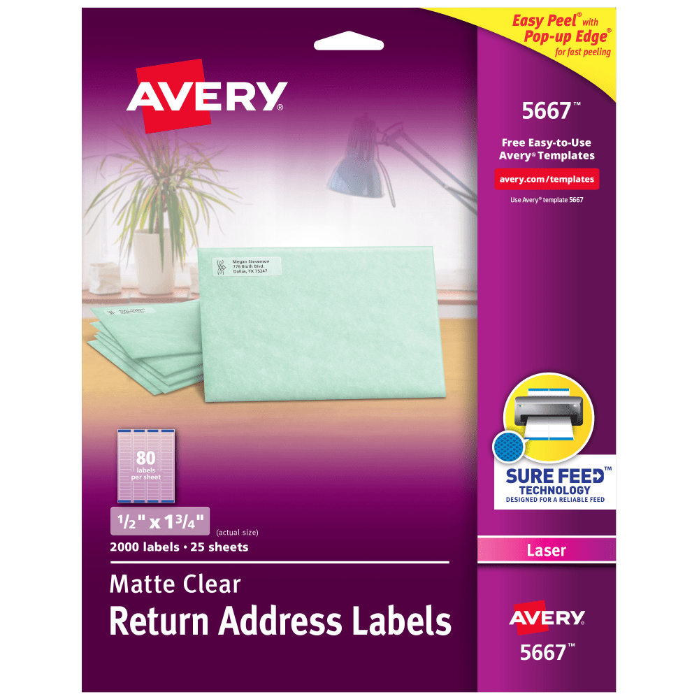 Avery Matte Return Address Labels With Sure Feed Technology, 5667, Rectangle, 1/2in x 1-3/4in, Clear, Pack Of 2,000