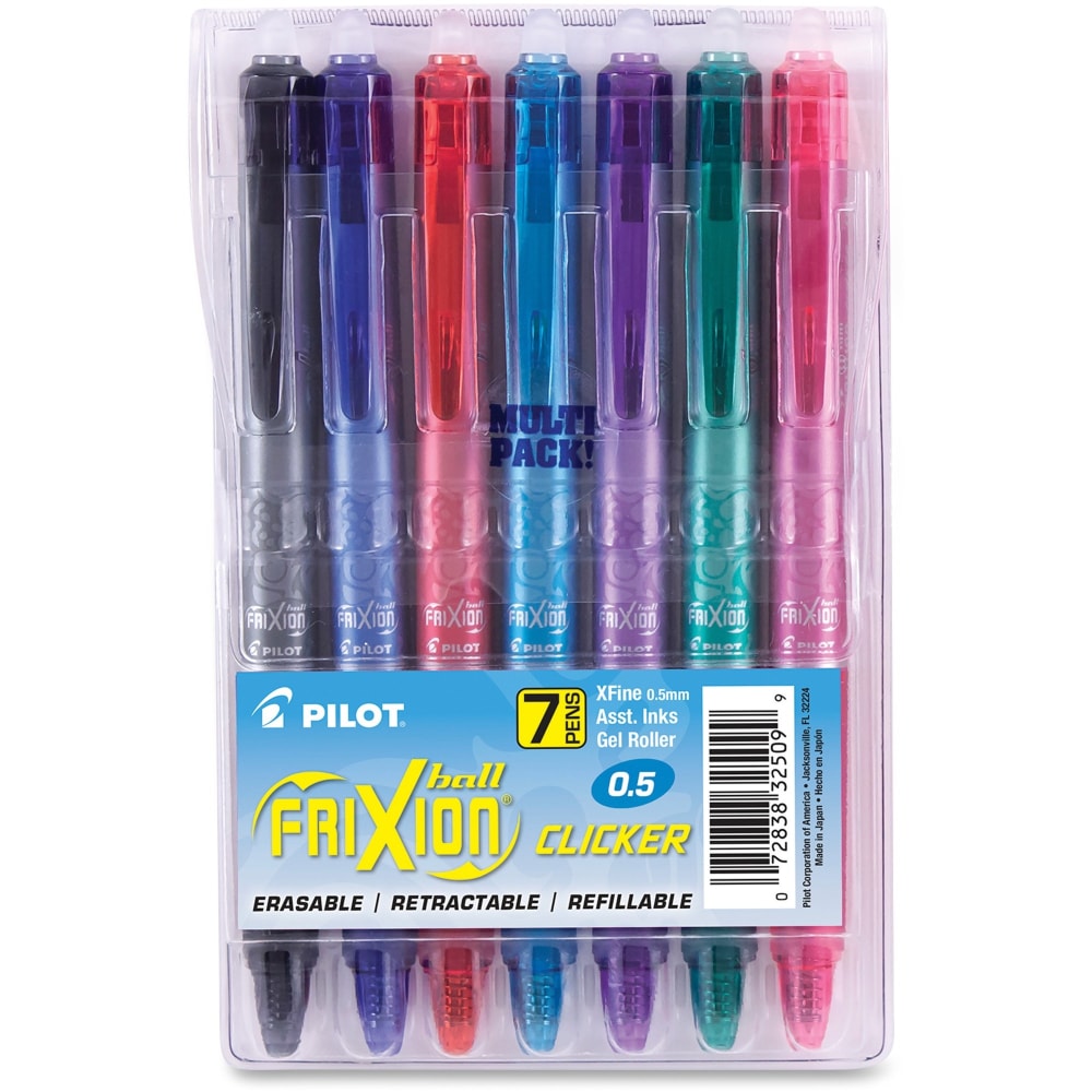 Pilot FriXion Clicker Erasable Gel Pens, Extra Fine Point, 0.5 mm, Assorted Barrels, Assorted Ink Colors, Pack Of 7