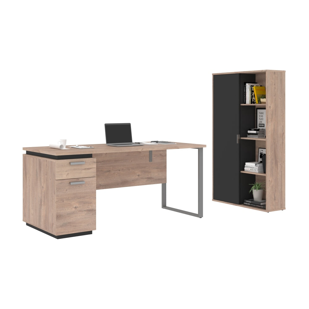 Bestar Aquarius 66inW Computer Desk With Single Pedestal And Storage Cabinet, Rustic Brown/Graphite