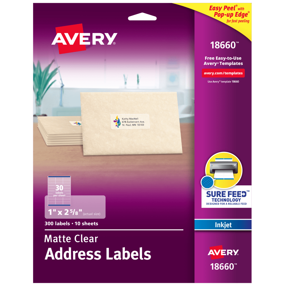 Avery Matte Address Labels With Sure Feed Technology, 18660, Rectangle, 1in x 2-5/8in, Clear, Pack Of 300 Labels