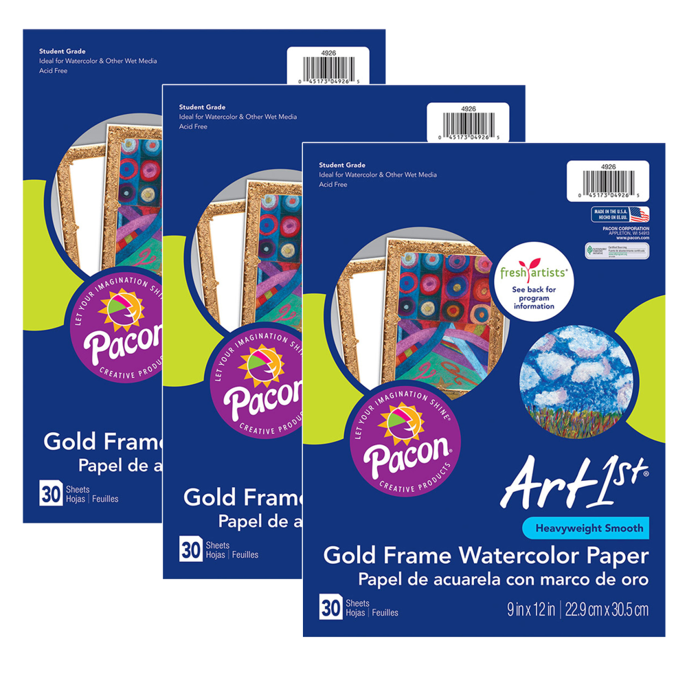 Pacon Ucreate Watercolor Paper, 9in x 12in, Gold/White, 30 Sheets Per Pack, Set Of 3 Packs