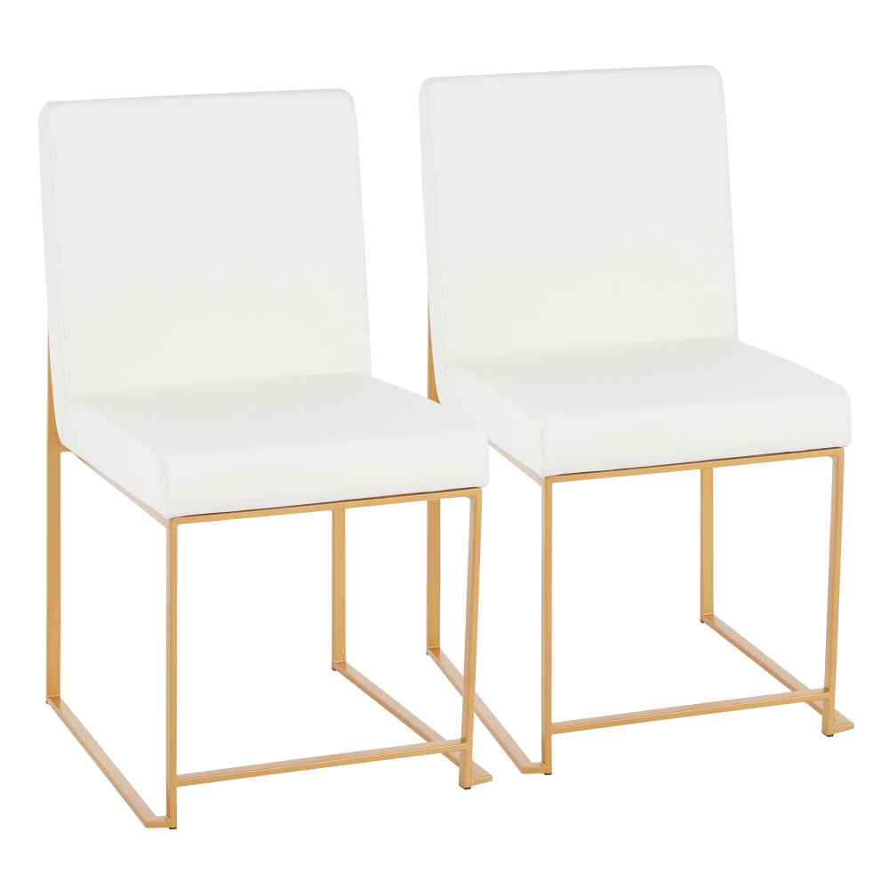 LumiSource Fuji High Back Dining Chairs, Faux Lether, White/Gold, Set Of 2 Chairs