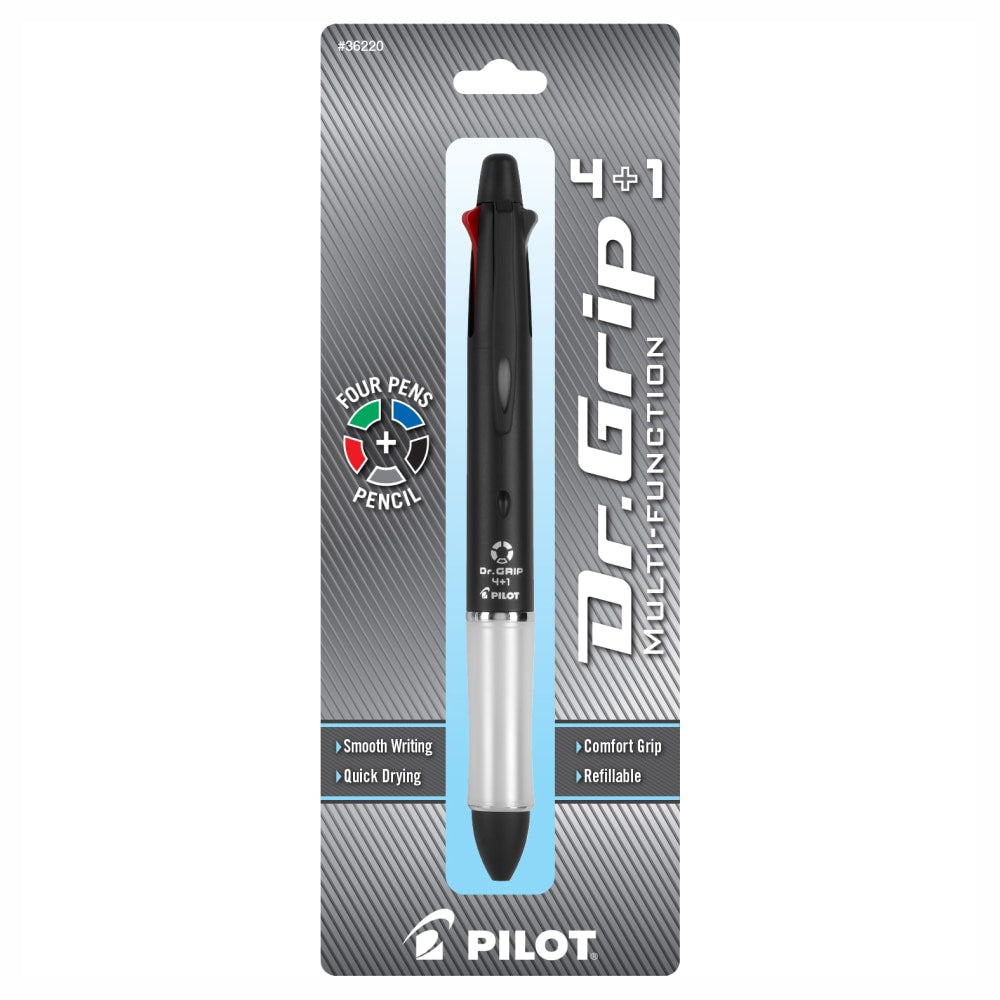 Pilot Dr. Grip 4+1 Multifunction Ballpoint Pen And Pencil, Fine Point, 0.7 mm, Black Barrel, Assorted Color Ink