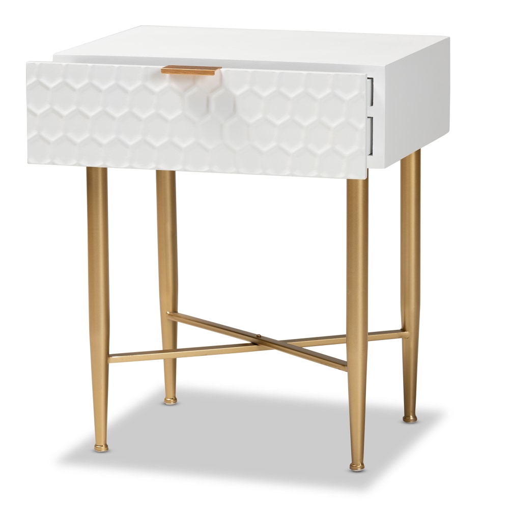 Baxton Studio Marcin 1-Drawer Nightstand, 24inH x 20-1/8inW x 15-3/4inD, White/Gold