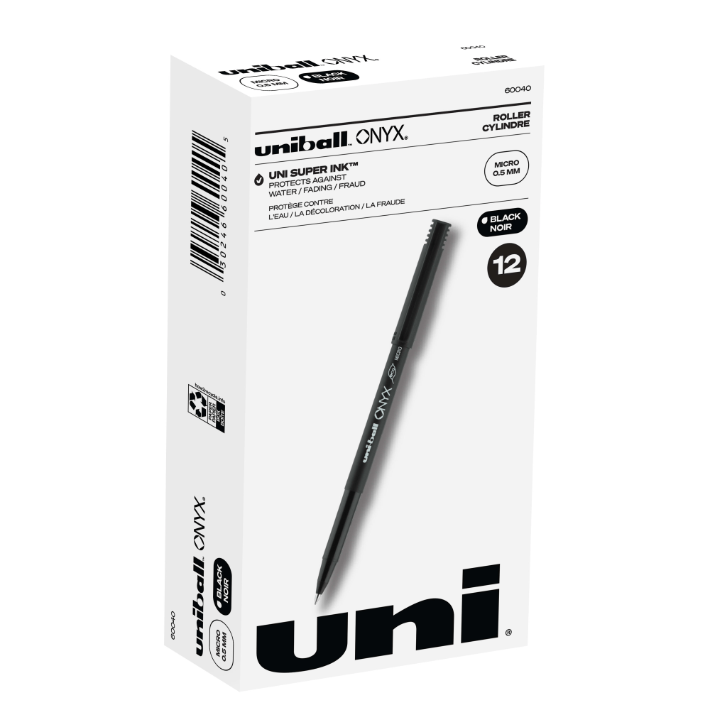 uni-ball Onyx Rollerball Pens, Micro Point, 0.5 mm, Black Barrel, Black Ink, Pack Of 12