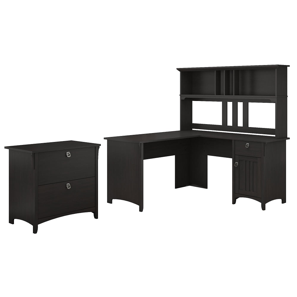 Bush Furniture Salinas 60inW L Shaped Desk with Hutch and Lateral File Cabinet, Vintage Black, Standard Delivery