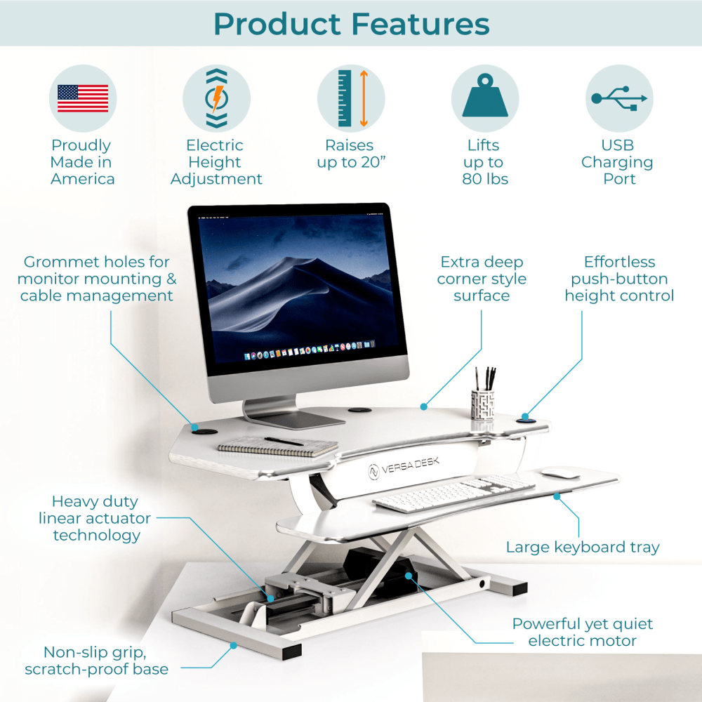 VersaDesk Power Pro Corner Push-Button Electric Height-Adjustable Sit-to-Stand Desk Riser, White