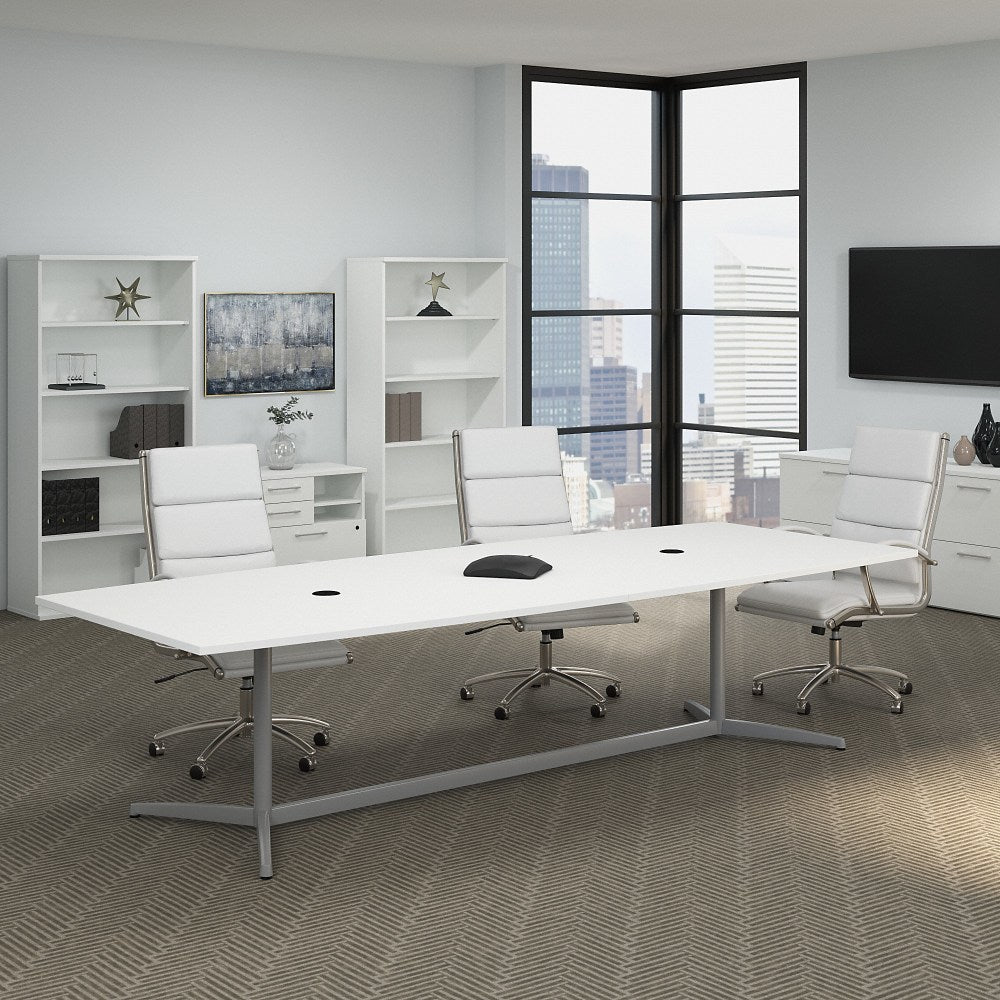 Bush Business Furniture 120inW x 48inD Boat-Shaped Conference Table With Metal Base, White, Standard Delivery