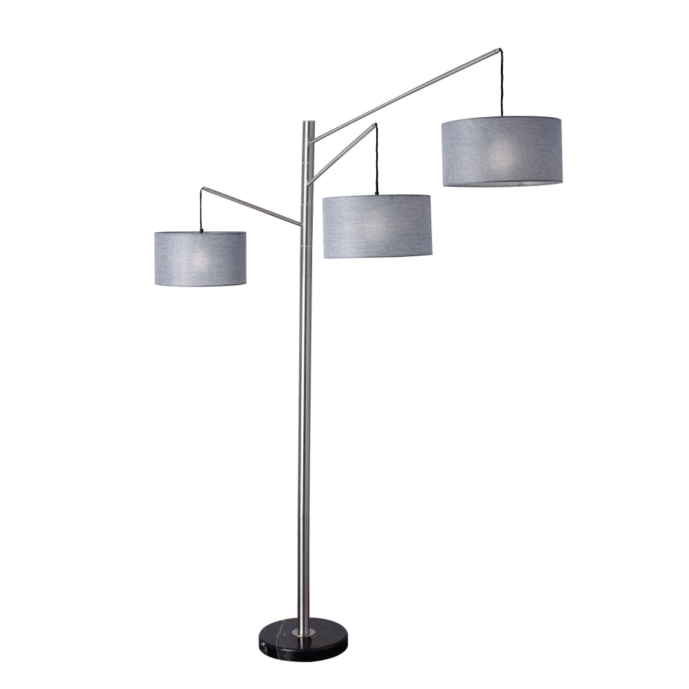 Adesso Wellington 3-Arm Arc Lamp, 91inH, Charcoal Gray Shade/Brushed Steel Base