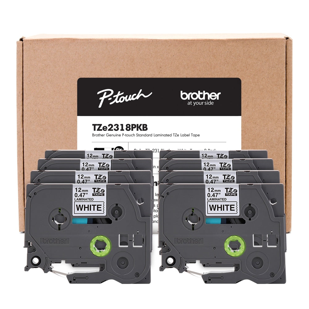 Brother P-Touch Label Maker Tape, Black/White, Pack Of 8 Rolls