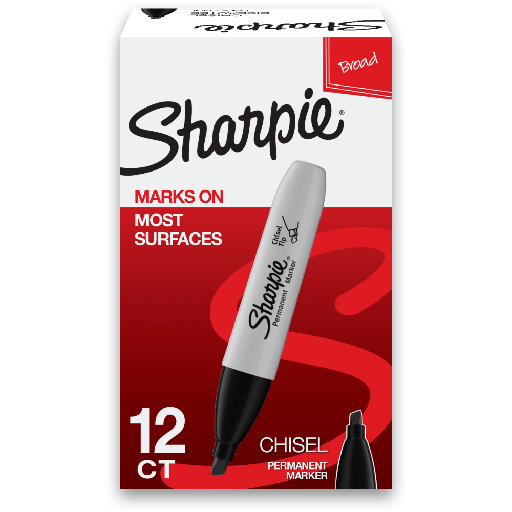 Sharpie Permanent Markers, Chisel Tip, Black Ink, Pack Of 12 Markers