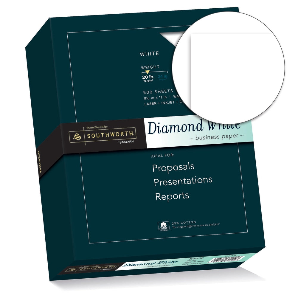 Southworth Diamond White 25% Cotton Business Paper, 8 1/2in x 11in, 20 Lb, White, Box Of 500