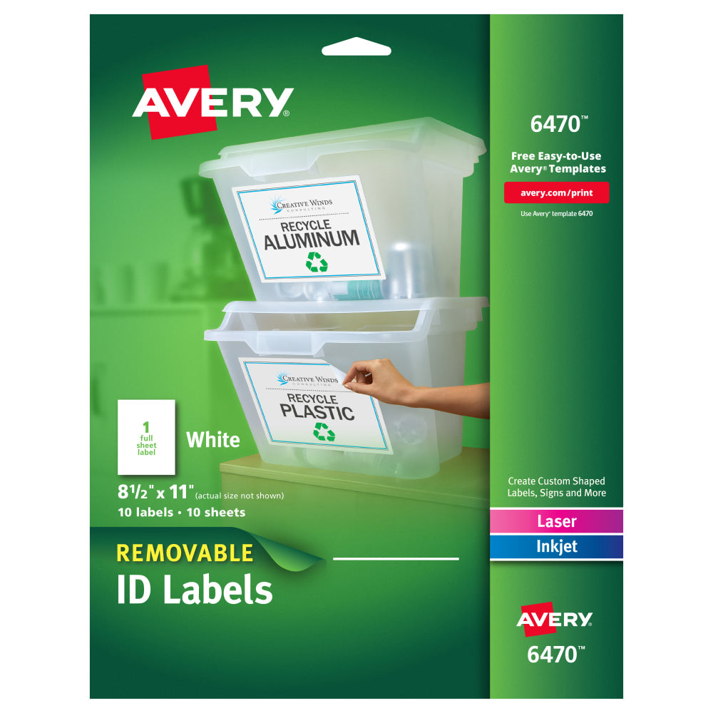 Avery Removable Full-Sheet Labels, 6470, 8 1/2in x 11in, White, Pack Of 10