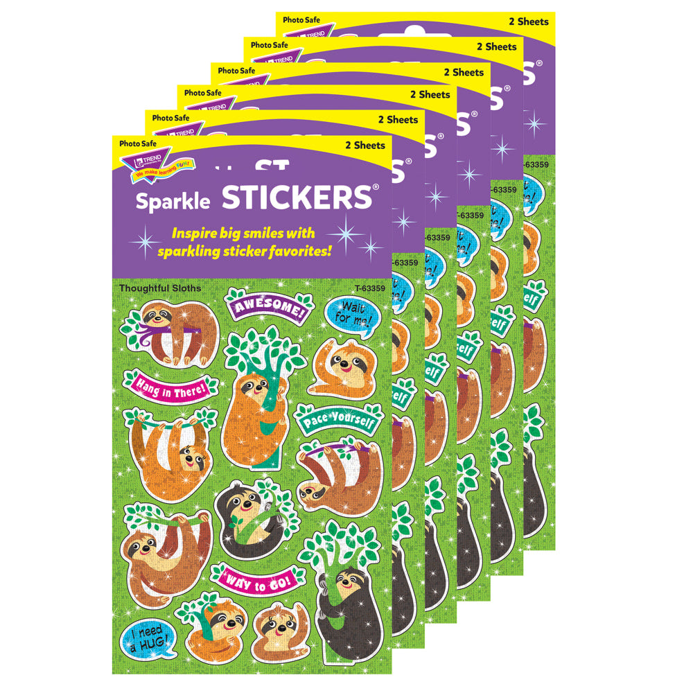 Trend Thoughtful Sloths Sparkle Stickers, Assorted Colors, 32 Stickers Per Pack, Set Of 6 Packs