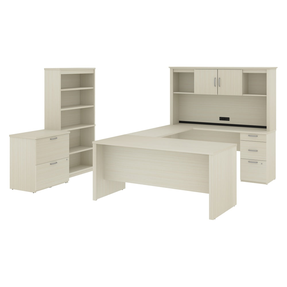 Bestar Logan U-Shaped Desk With Hutch, Lateral File Cabinet And Bookcase, White Chocolate