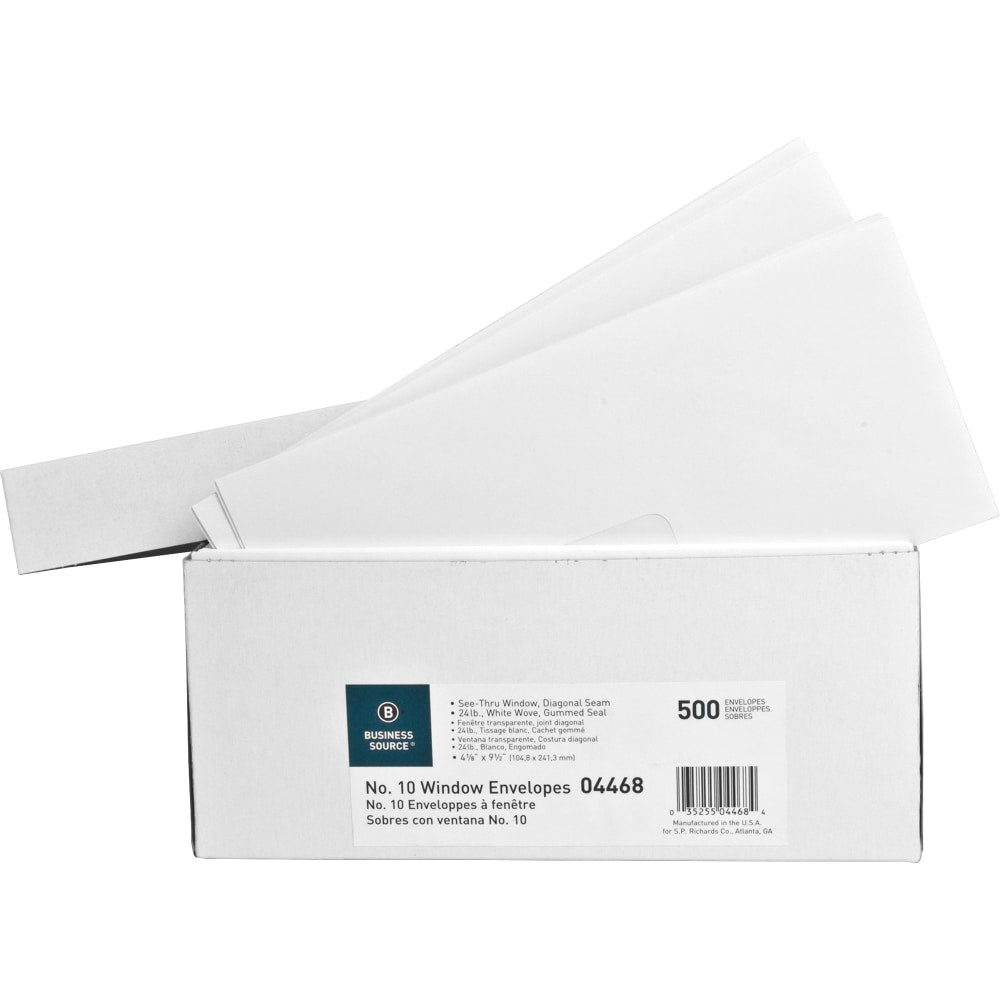 Business Source No. 10 Diagonal Seam Window Envelopes - Single Window - #10 - 4 1/8in Width x 9 1/2in Length - 24 lb - Gummed - Wove - 500 / Box - White