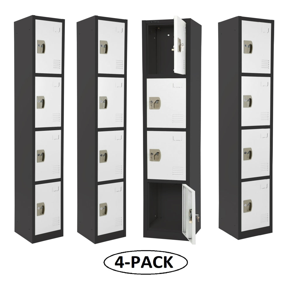 Alpine AdirOffice 4-Tier Steel Lockers, 72inH x 12inW x 12inD, Black/White, Pack Of 4 Lockers