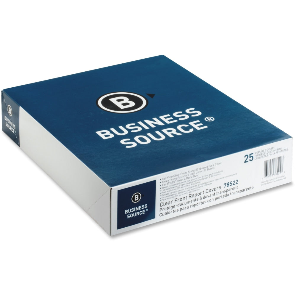 Business Source Letter Report Cover - 8 1/2in x 11in - 100 Sheet Capacity - 3 x Prong Fastener(s) - Clear, Dark Blue - 25 / Box