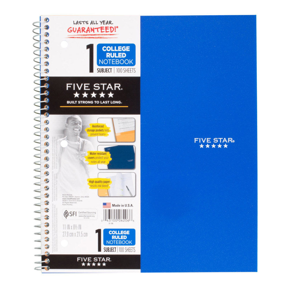 Five Star Wirebound Notebook Plus Study App, 1 Subject, College Ruled, 8 1/2in x 11in, Pacific Blue