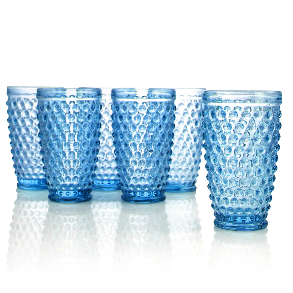 Martha Stewart Hobnail Handmade Glass Tumbler Set, 14.3 Oz, Blue, Set Of 6 Pieces