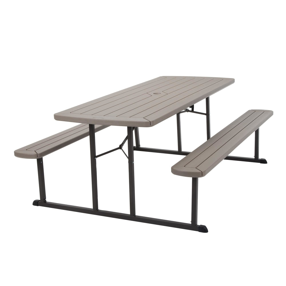 COSCO Bridgeport Outdoor Living Folding Picnic Table, 29inH x 72inW x 57inD, Taupe/Brown