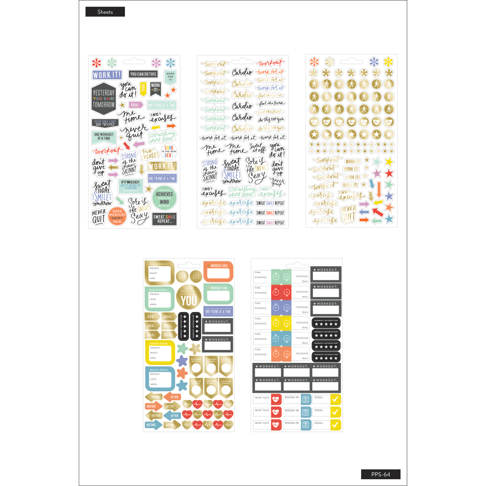 Happy Planner Stickers, 9-1/8in x 4-13/16in, Fitness, Pack Of 5 Sticker Sheets