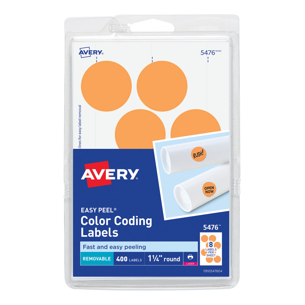 Avery Removable Color-Coding Labels, Removable Adhesive, 5476, Round, 1-1/4in Diameter, Neon Orange, Pack Of 400 Labels