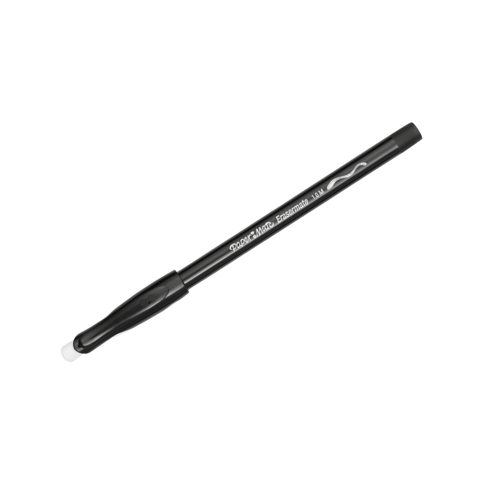 Paper Mate Erasermate Ballpoint Pens, Medium Point, Black Barrel, Black Ink, Pack Of 12 Pens