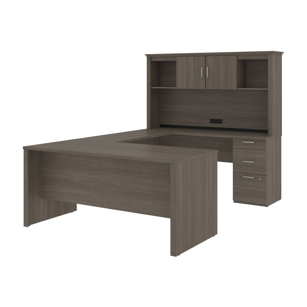 Bestar Logan 66inW U- Or L-Shaped Executive Corner Desk With Pedestal And Hutch, Bark Gray