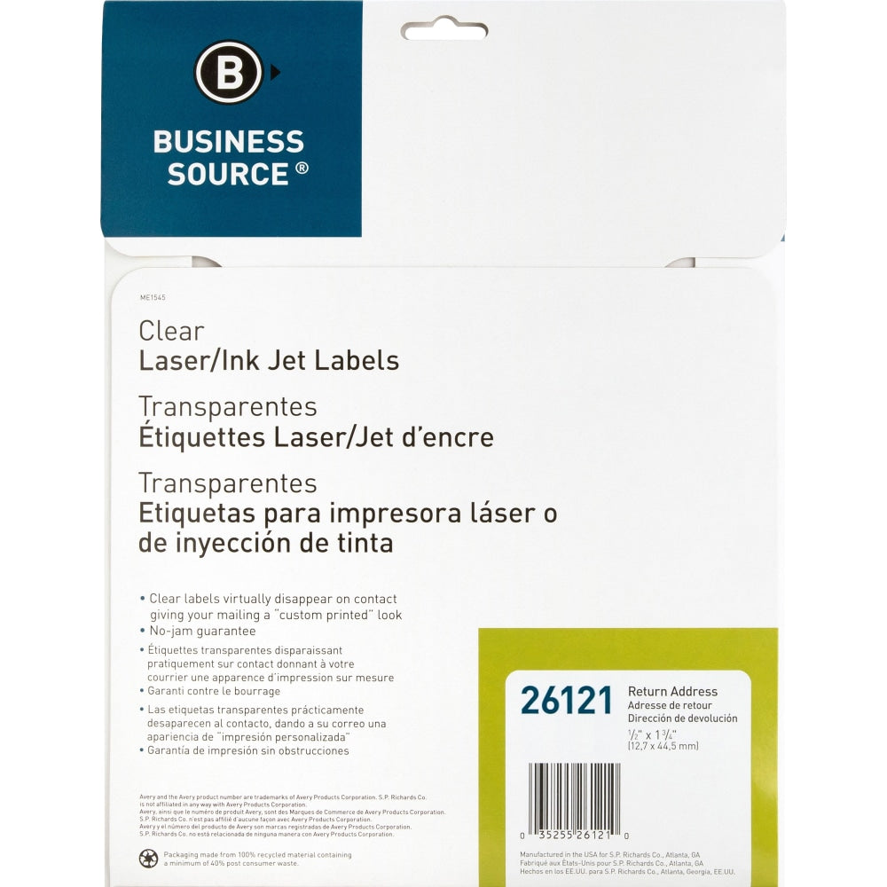 Business Source Clear Return Address Laser Labels - 1/2in Height x 1 3/4in Width - Permanent Adhesive - Rectangle - Laser - Clear - 80 / Sheet - 2000 / Pack - Self-adhesive