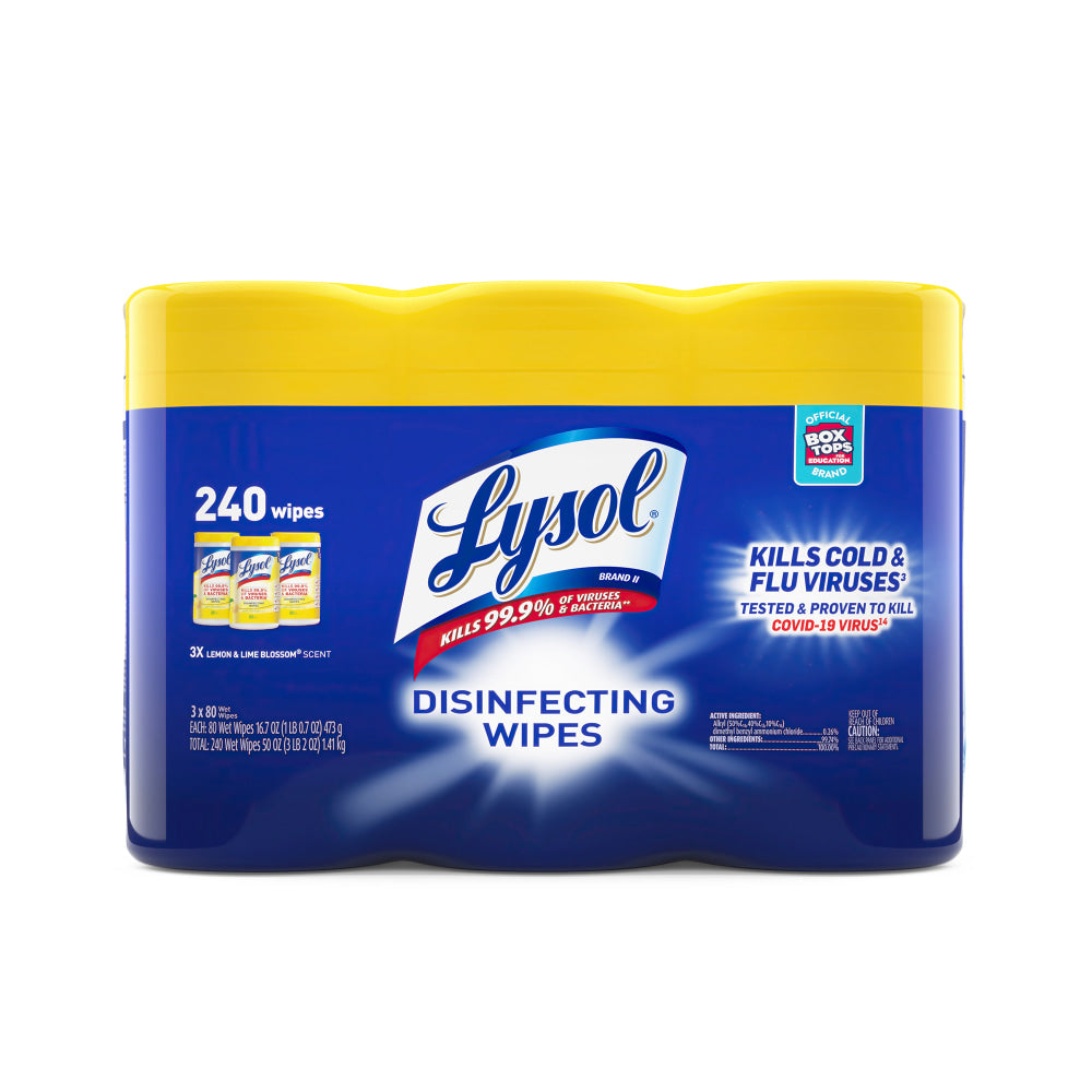 Lysol Disinfecting Wipes, Lemon & Lime Blossom Scent, 7in x 8in, 80 Wipes Per Canister, Case Of 3 Canisters