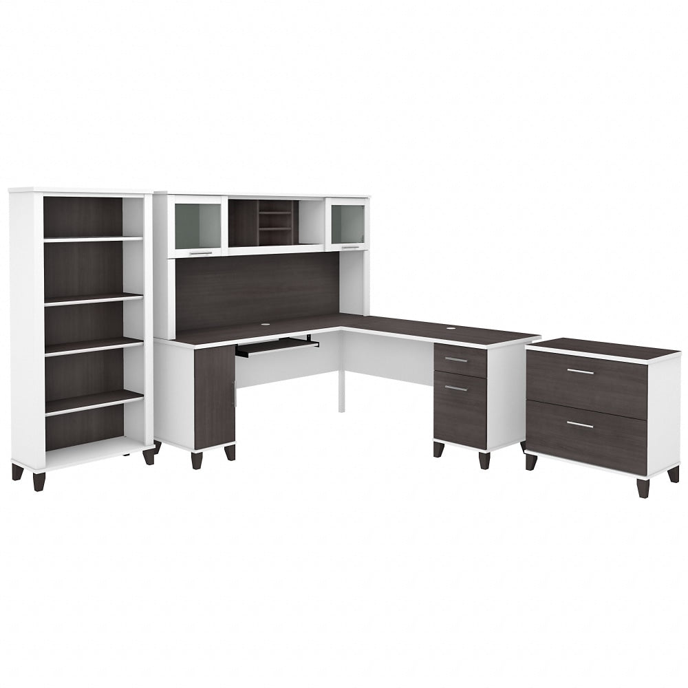 Bush Furniture Somerset 72inW L-Shaped Desk With Hutch, Lateral File Cabinet And Bookcase, Storm Gray/White, Standard Delivery