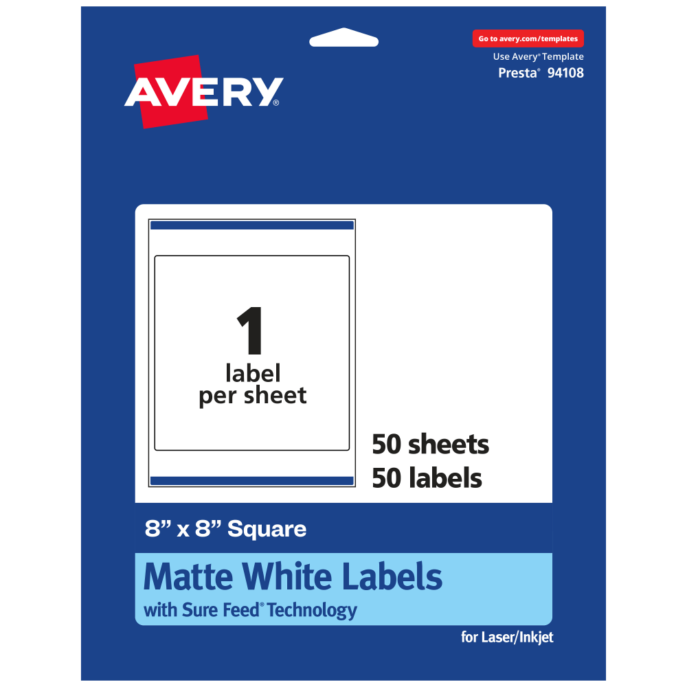 Avery Permanent Labels With Sure Feed, 94108-WMP50, Square, 8in x 8in, White, Pack Of 50