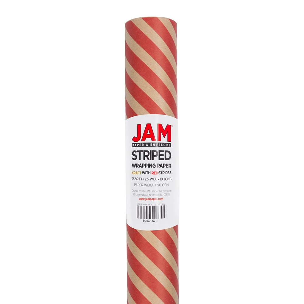 JAM Paper Wrapping Paper, Kraft, 25 Sq Ft, Brown/Red Stripes