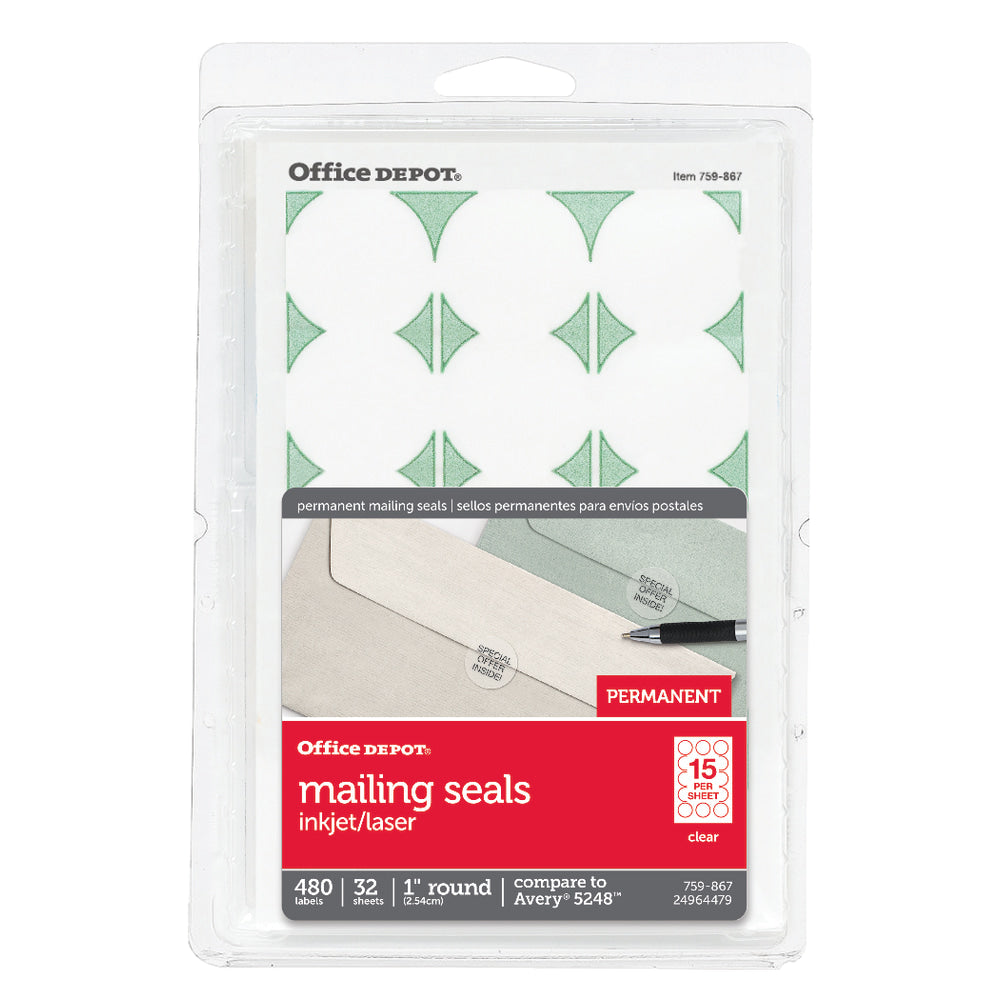 Office Depot Brand Permanent Mailing Seals, 1in Diameter, Clear, Pack Of 480